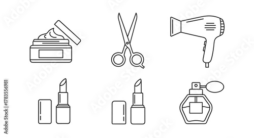 A collection of six clean, minimalist line art icons representing beauty and personal care essentials, including a jar of cream, scissors, a hairdryer, two lipsticks, and a perfume bottle, perfect