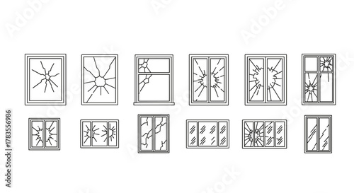Collection of minimalistic thin line icons representing broken windows with various crack patterns, suitable for web design, graphic design, apps, banners, social networks, and cards. This vector