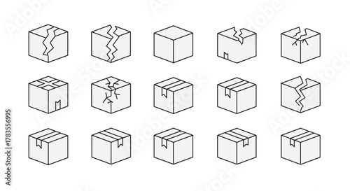 Set of modern outline style icons representing cardboard boxes, some intact and sealed with tape, others broken or damaged, presented in a clean, vector cartoon illustration on a white background