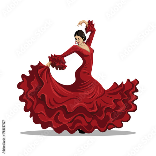 Flamenco dancer woman in red dress. Spanish culture vector illustration on transparent background.  