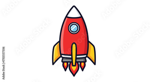 Vibrant red cartoon rocket ship blasting off with fiery exhaust, symbolizing space exploration, innovation, and futuristic travel, perfect for technology and science themes.