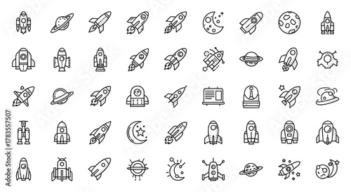Collection of spaceship-related vector cartoon illustrations with editable stroke, perfect for infographics, articles, books, flyers, and banners, featuring rockets, planets, moons, astronauts, and