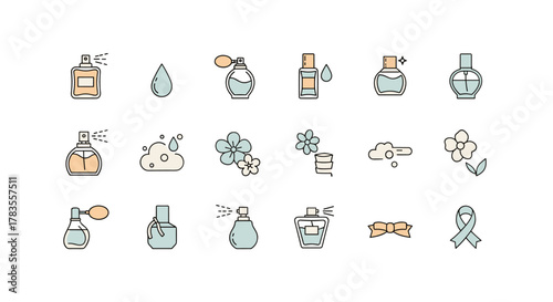 A charming collection of flat design icons representing perfume and fragrance, featuring various perfume bottles, atomizers, scent notes like flowers and drops, and related symbols such as a ribbon