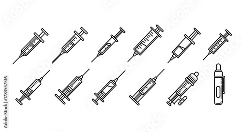 Collection of diverse syringe outline icons and symbols, presented in a linear, cartoon illustration style, perfect for graphic and web design, apps, adverts, and various cards, all isolated on a