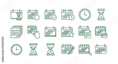 Vector illustration of a collection of line icons representing time management, scheduling, and deadlines, including calendars, hourglasses, clocks, agenda documents, and interactive calendar