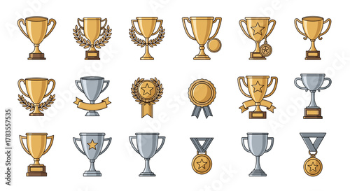 Collection of diverse winning cups, trophies, and medals in gold and silver, featuring laurel wreaths and ribbons, presented in a clean, cartoon vector style with editable strokes, ideal for