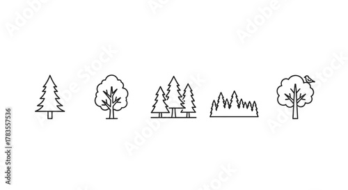 A collection of minimalistic line art icons representing various trees and forest elements, including pine trees, deciduous trees, and a small bird perched on a branch, perfect for web design, app