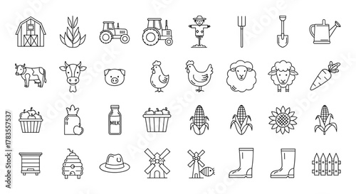 Collection of line style web icons representing farm life, agriculture, livestock, and farming tools. This ordered line icon set on a white background features elements like barns, tractors
