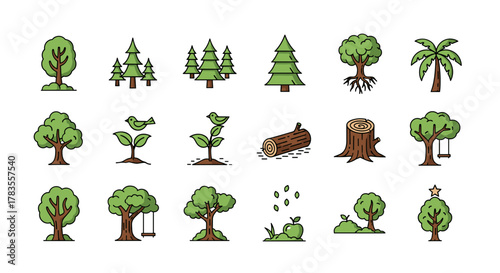 Collection of stylized vector cartoon illustrations featuring various trees, including deciduous, coniferous, and palm varieties, alongside related elements like saplings with birds, logs, stumps
