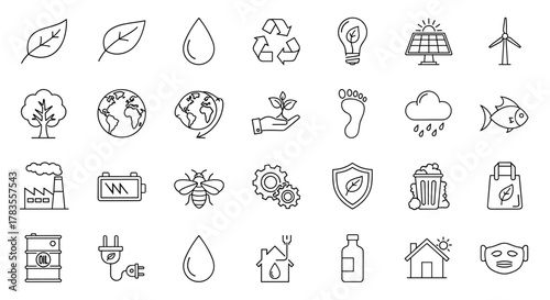 Ecology and sustainability thin line icon set, representing concepts like nature, renewable energy, pollution, and conservation. Editable vector stroke icons for environmental awareness and