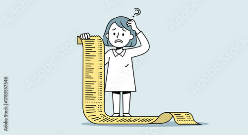 Confused woman holding a very long receipt, scratching her head with a question mark above, symbolizing overwhelming shopping expenses or a long to-do list, rendered in a simple, hand-drawn vector