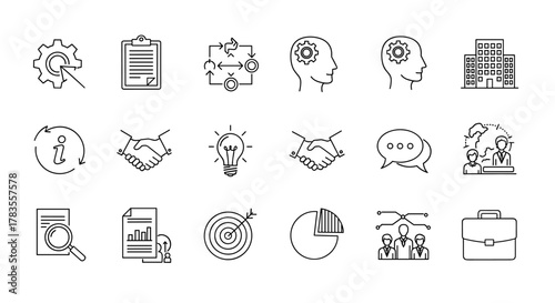 Consultation Icon Set: Thin Linear Style Icons Featuring Project Management, Process Optimization, Head, Office Building, Information, Handshake, Idea, Target, Pie Chart, Communication, Global