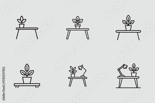 Potted Desk Plant Green Decoration Outline Icons Set