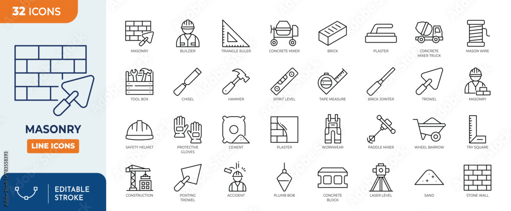 Photos Masonry line editable icon set
