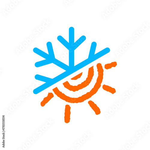 Icon representing temperature control, climate, or weather, showing a blue snowflake and an orange sun split diagonally.