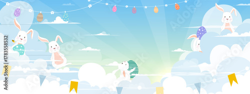 Cute Easter Bunnies and Colorful Eggs Floating in Blue Sky,Clouds.Vector Cartoon for Holiday Banner,Greeting Card,Kidsillustration and Easter Background Design