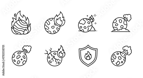 Collection of Planet on Fire Related Line Icons: Outline Signs for Graphic and Web Design, Apps, Adverts, Various Cards, Vector Cartoon Illustration. Set of symbols depicting global warming