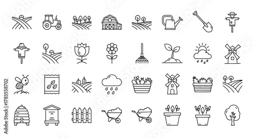 Collection of thin line icons representing various aspects of farming, gardening, and rural life, including tractors, barns, windmills, crops, tools, and natural elements, perfect for digital and