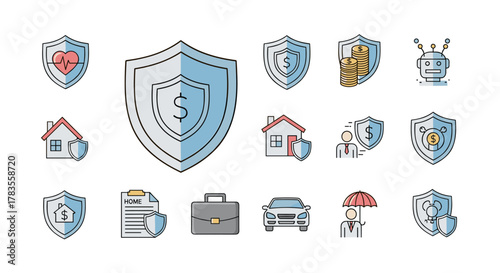 Vivid line icon set representing insurance concepts, featuring shields protecting health, money, homes, cars, and people, alongside icons for robots and briefcases, ideal for graphic design, app