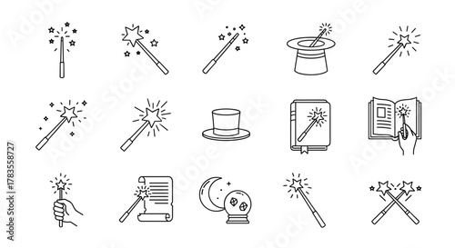 Collection of magical line icons, including wands with sparkling stars, top hats, a spellbook, a scroll, a crystal ball with a crescent moon, and a hand holding a wand, perfect for web design, books