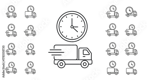 Set of line icons representing delivery trucks with clocks, symbolizing fast delivery and time-sensitive logistics, perfect for web, apps, and print materials. Clean vector illustration on a white