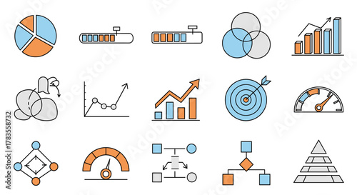 Collection of business and finance icons including pie charts, progress bars, Venn diagrams, line graphs, bar charts, targets, speedometers, flowcharts, and pyramid charts, perfect for infographics