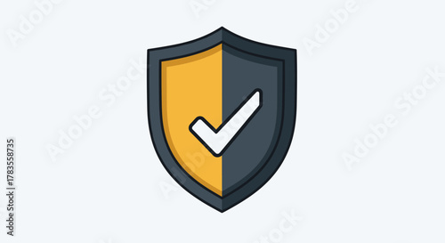 Vivid outline illustration of a shield divided into yellow and dark gray halves, featuring a white checkmark symbol, symbolizing insurance, defense, and protection. This versatile vector graphic is