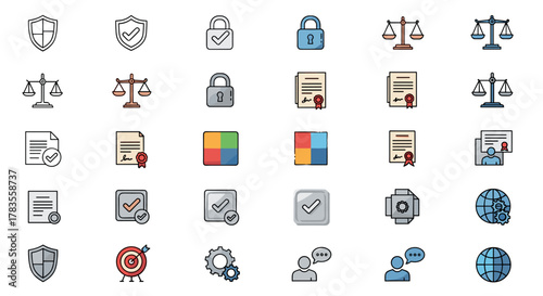 A diverse collection of compliance and legal icons presented in a clean, modern, and vivid style, featuring shields, locks, scales of justice, documents with seals and checkmarks, gears, targets, and