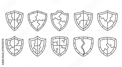 Set of ten cracked shield linear symbols, vector cartoon illustrations with thin lines on a white background, representing broken protection, vulnerability, and damage, ideal for security concepts