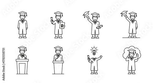 Set of eight line art illustrations depicting graduates in various celebratory and academic poses, including holding diplomas, tossing caps, speaking at a podium, and having a bright idea, all on a