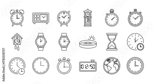 A diverse collection of line art illustrations depicting various timekeeping devices, including alarm clocks, digital clocks, wristwatches, grandfather clocks, cuckoo clocks, stopwatches