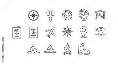 A collection of travel and journey-related line icons, featuring a compass, hot air balloon, globe, suitcase, passport, airplane, ship's wheel, location pin, camera, tent, campfire, and hiking boot