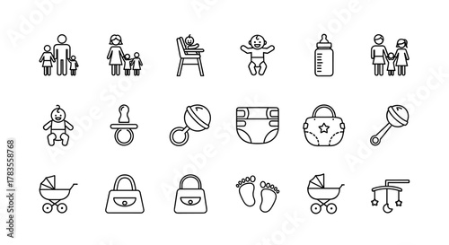 A comprehensive collection of minimalist line icons representing family and baby essentials, including parents with children, a baby in a high chair, a playful baby, a pacifier, a baby bottle, a