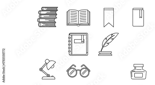 A collection of essential stationery and reading-related line icons, including stacks of books, an open book, a bookmark, a diary, a quill pen with inkwell, a desk lamp, glasses, and an ink bottle