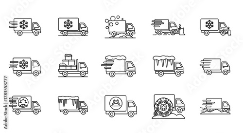 Collection of Delivery Trucks with Snow-Related Line Icons, Outline Signs for Graphic and Web Design, Apps, Adverts, Various Cards, Vector Cartoon Illustration. Set of Winter Transportation and