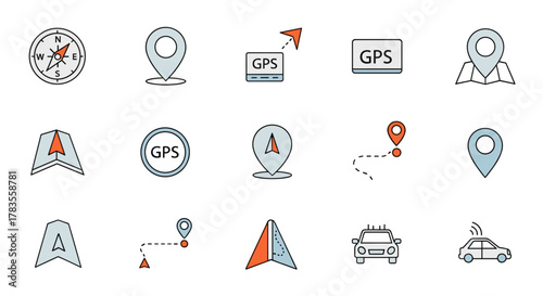 Collection of navigation icons in a flat style, featuring GPS devices, location pins, compass, and directional arrows, symbolizing travel and business concepts on a clean white background. This set