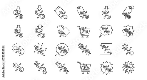 Collection of outline icons representing zero percent sales, discounts, and special offers, perfect for infographics, articles, books, flyers, and banners, featuring editable strokes and a cartoon