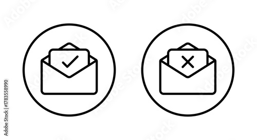 Open email with check and cross icon. Email envelope line symbol in circular outline