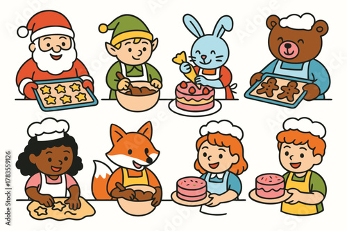 Diverse group of characters baking and decorating festive holiday treats together
