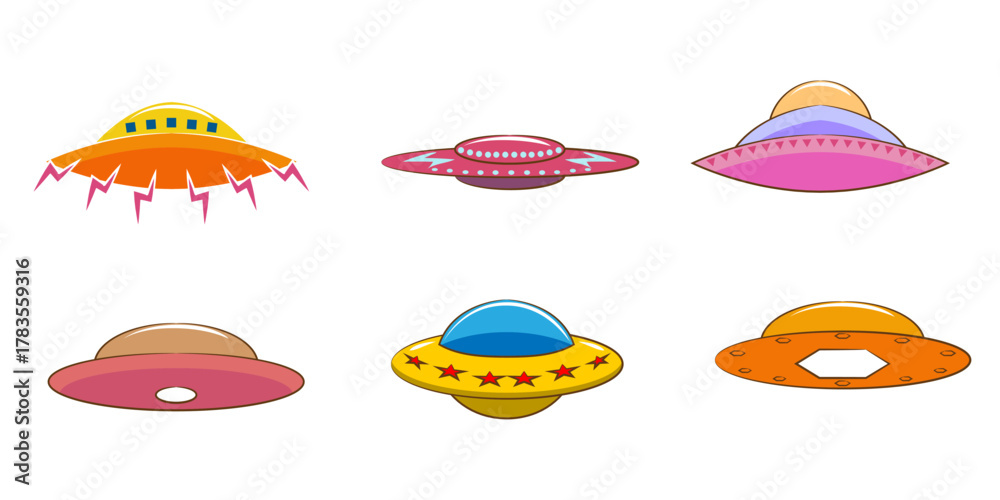 Naklejka premium Set of Six Colorful Cartoon Flying Saucers