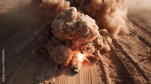 Dramatic aerial perspective of a powerful missile strike causing a massive fiery explosion on a vehicle in a desert warzone