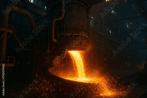 Blast furnace smelting liquid steel inside metallurgical steel mill Industrial background