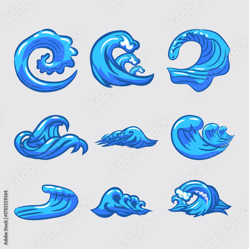 Set of Stylized Blue Ocean Waves Illustrations