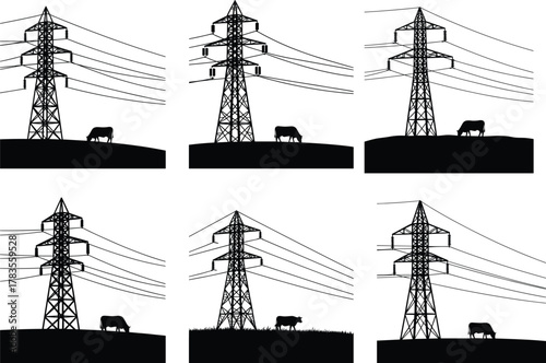 Electricity pylons and cows in rural landscape silhouette set – power transmission towers with livestock on grassy terrain vector illustration