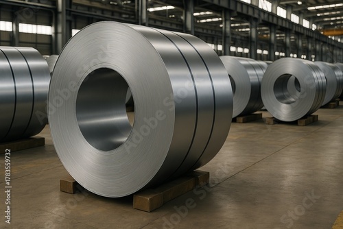 Cold rolled steel coils stored in metal industry warehouse or production facility