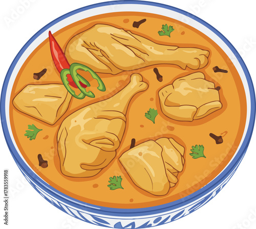 Indian chicken masala in a bowl vector cartoon illustration