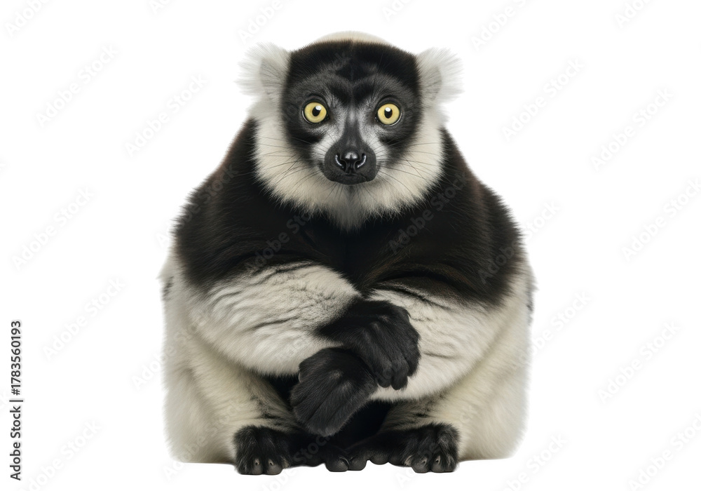Obraz premium Full body portrait of a cute black and white ruffed lemur with yellow eyes looking at camera, mammal, primate, wildlife, animal, isolated on transparent background