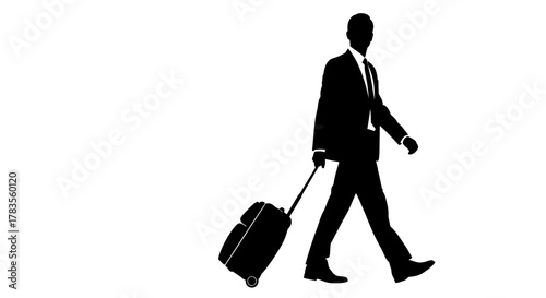 Silhouette of a man in a suit walking with a wheeled suitcase