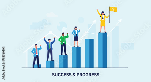 Diverse business professionals celebrate achievements by climbing growth bars, reaching a goal