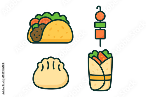 Colorful international street food icons featuring taco, dumpling, kebab, and wrap